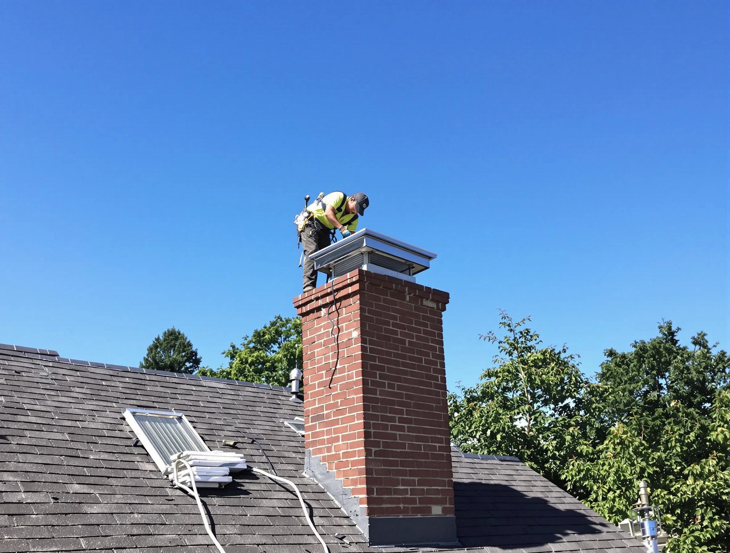 Upper St. Clair Chimney Sweep technician measuring a chimney cap in Upper St. Clair, PA