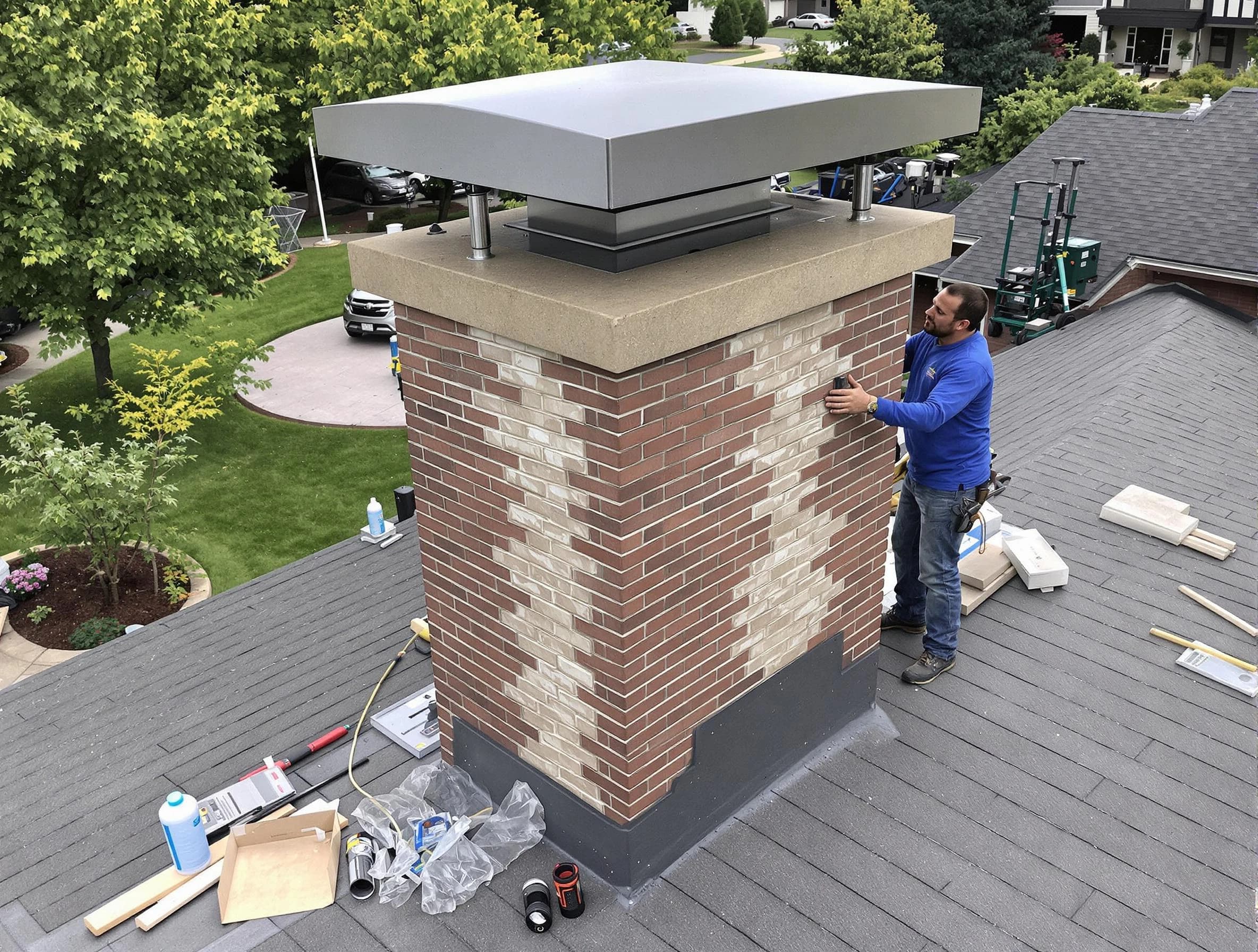 Upper St. Clair Chimney Sweep team working on a custom chimney remodel in Upper St. Clair, PA